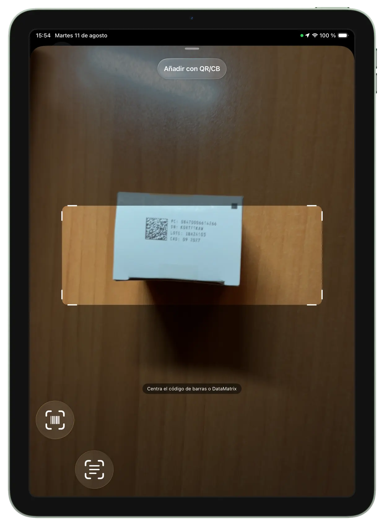 الماسح يقرأ رمز DataMatrix على علبة دواء, iPad